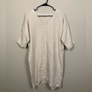 Korinne Vader 100% Linen V-Neck Tunic Dress in Oatmeal Cream - One Size